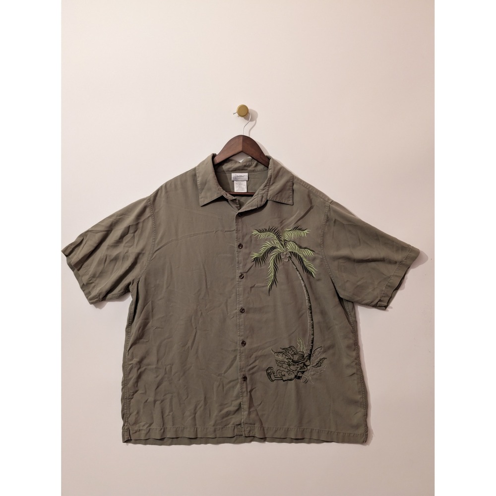 Walt Disney World Button Down Mens XL Green Excellent Silk Palm Tree Hawaiian